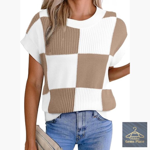 Sweaters - Short Sleeve Crewneck Sweater Vest, Color Block Knit Top, Relaxed Fit